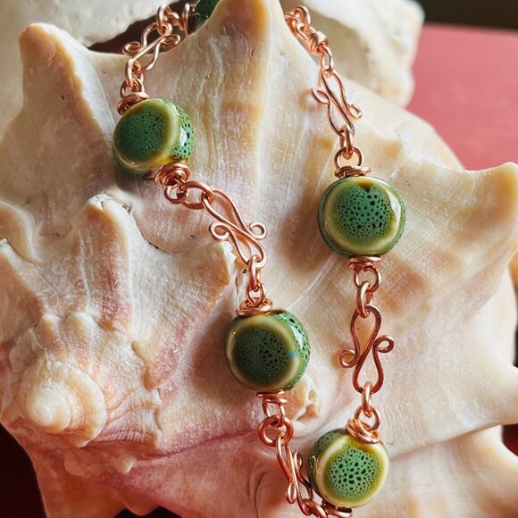 Handmade Jewelry - Boho Ceramic Bead Bracelet Copper Swirl Handmade Artisan Jewelry Green